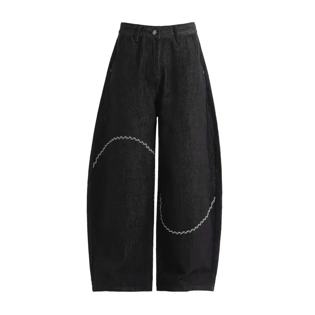 Black straight-leg denim trousers with mid-waist zip placket for autumn winter streetwear
