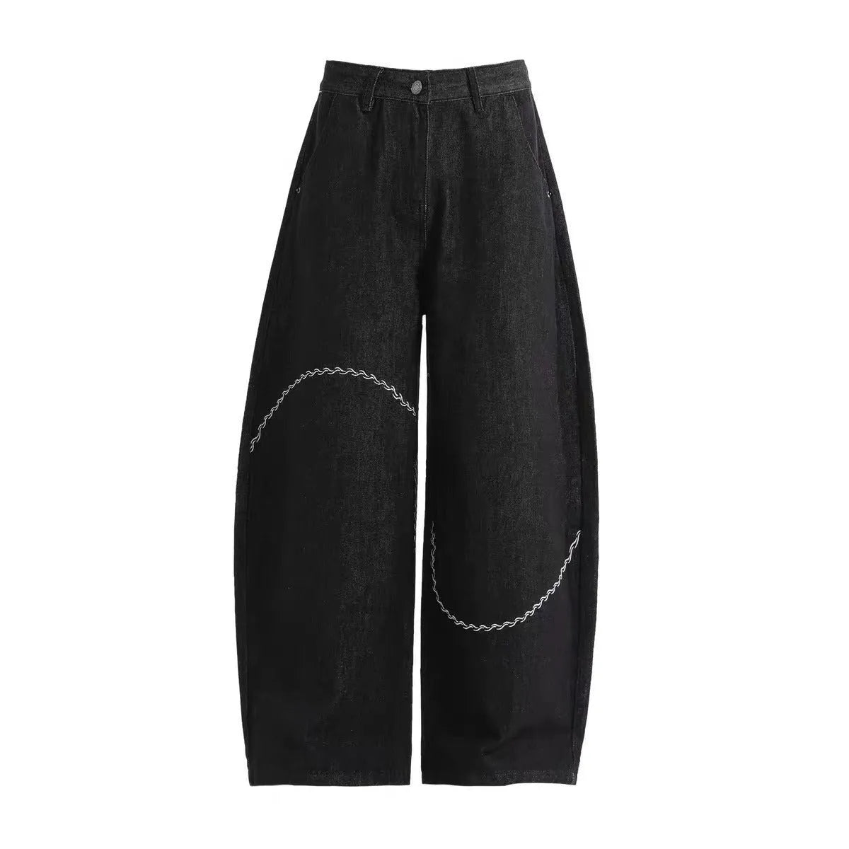 Black straight-leg denim trousers with mid-waist zip placket for autumn winter streetwear