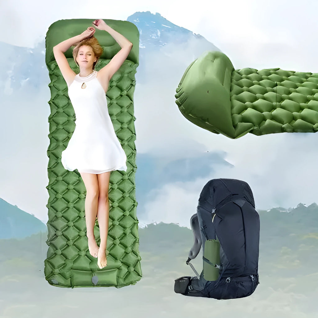 Single TPU inflatable mattress 190x60x5cm with foot pillow, shown in orange, blue, grey, or green