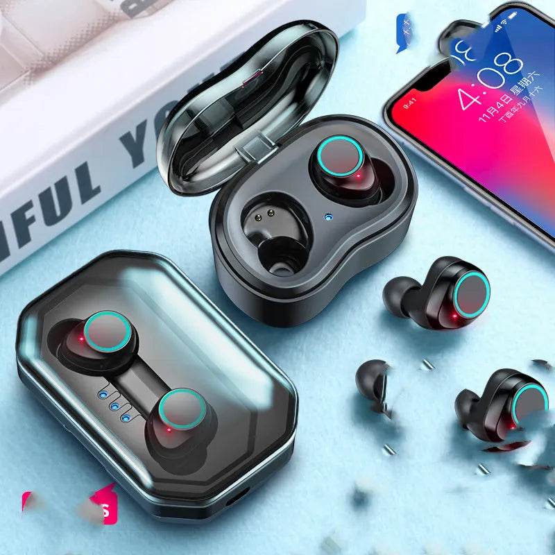 Wireless Bluetooth earplug-style headset with battery display and 15-metre range