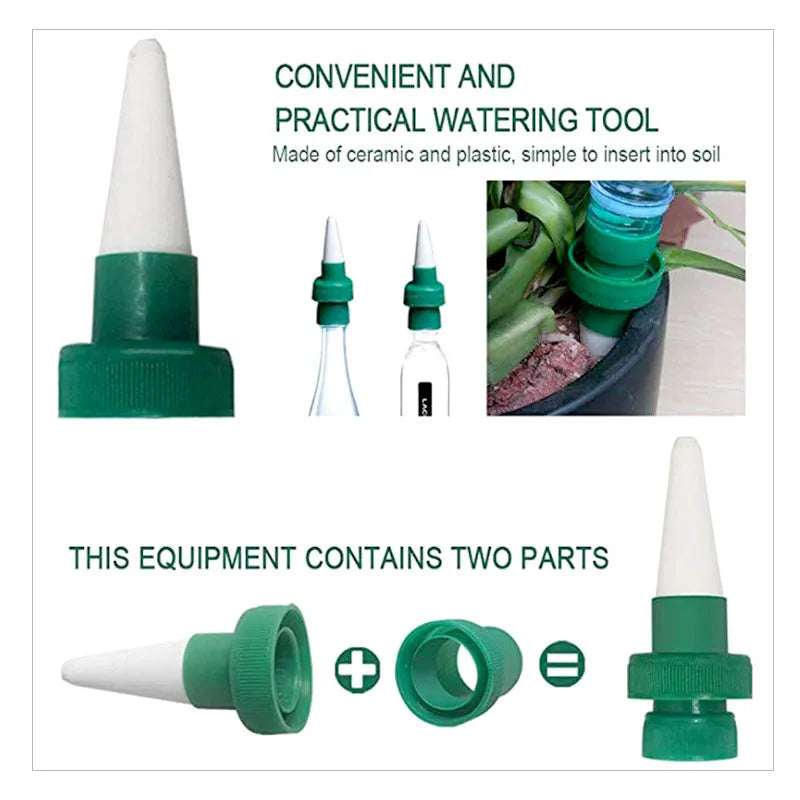 Green ceramic plant water dripper attached to plastic bottle for DIY garden irrigation system