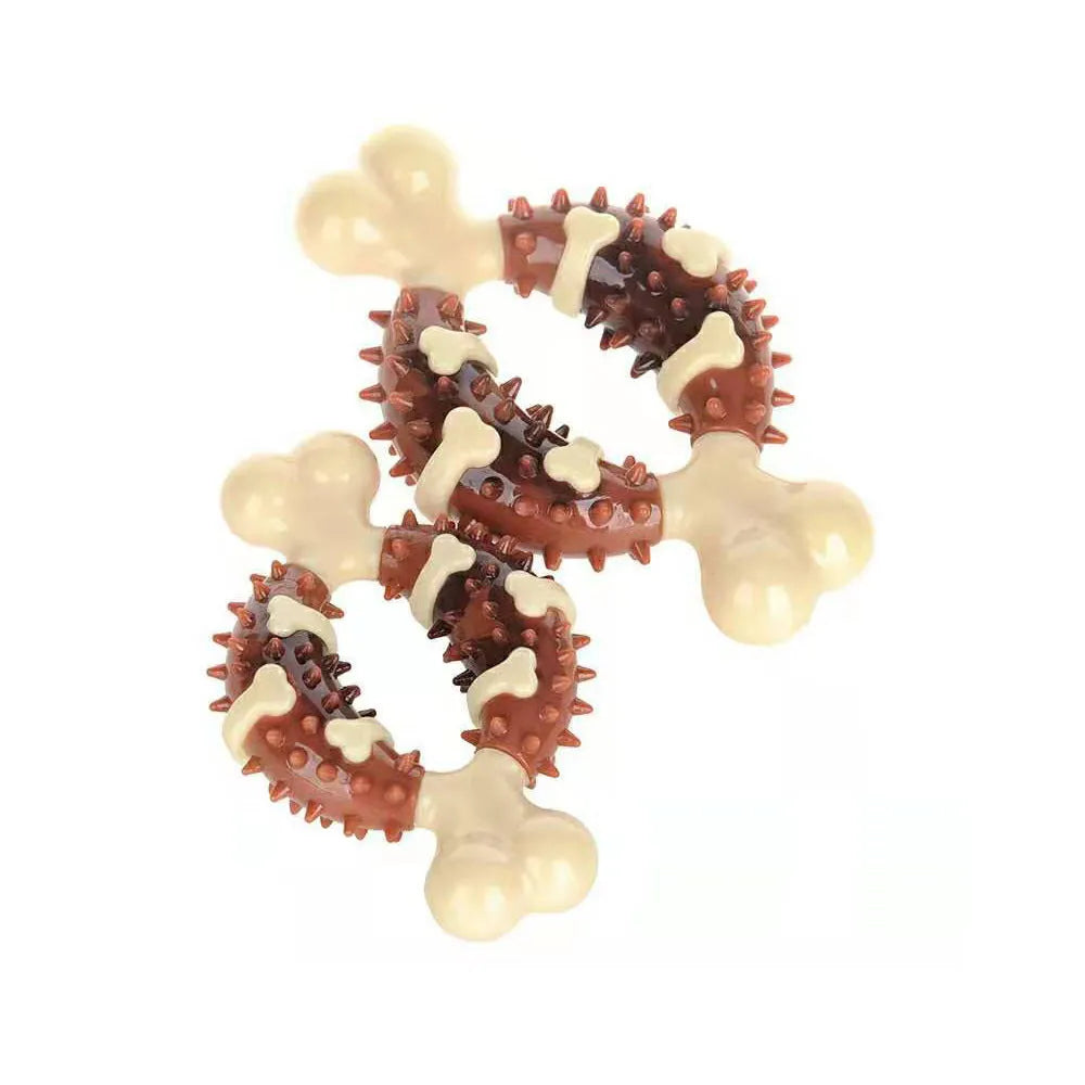 Natural rubber bone-shaped dog dental chew toy in two sizes for teeth cleaning and anxiety relief