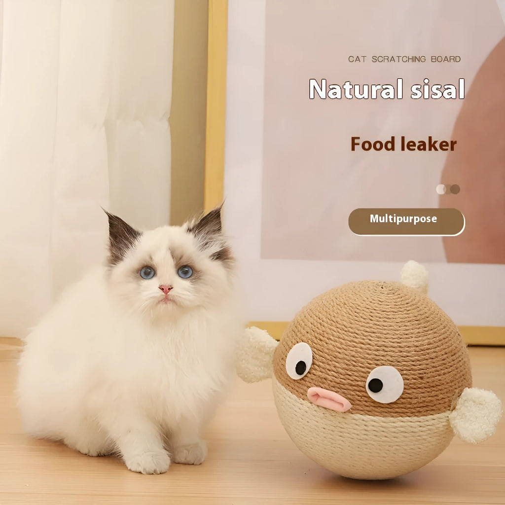 Puffer fish-shaped sisal puzzle feeder toy for pets, shown in a 15cm cube size.