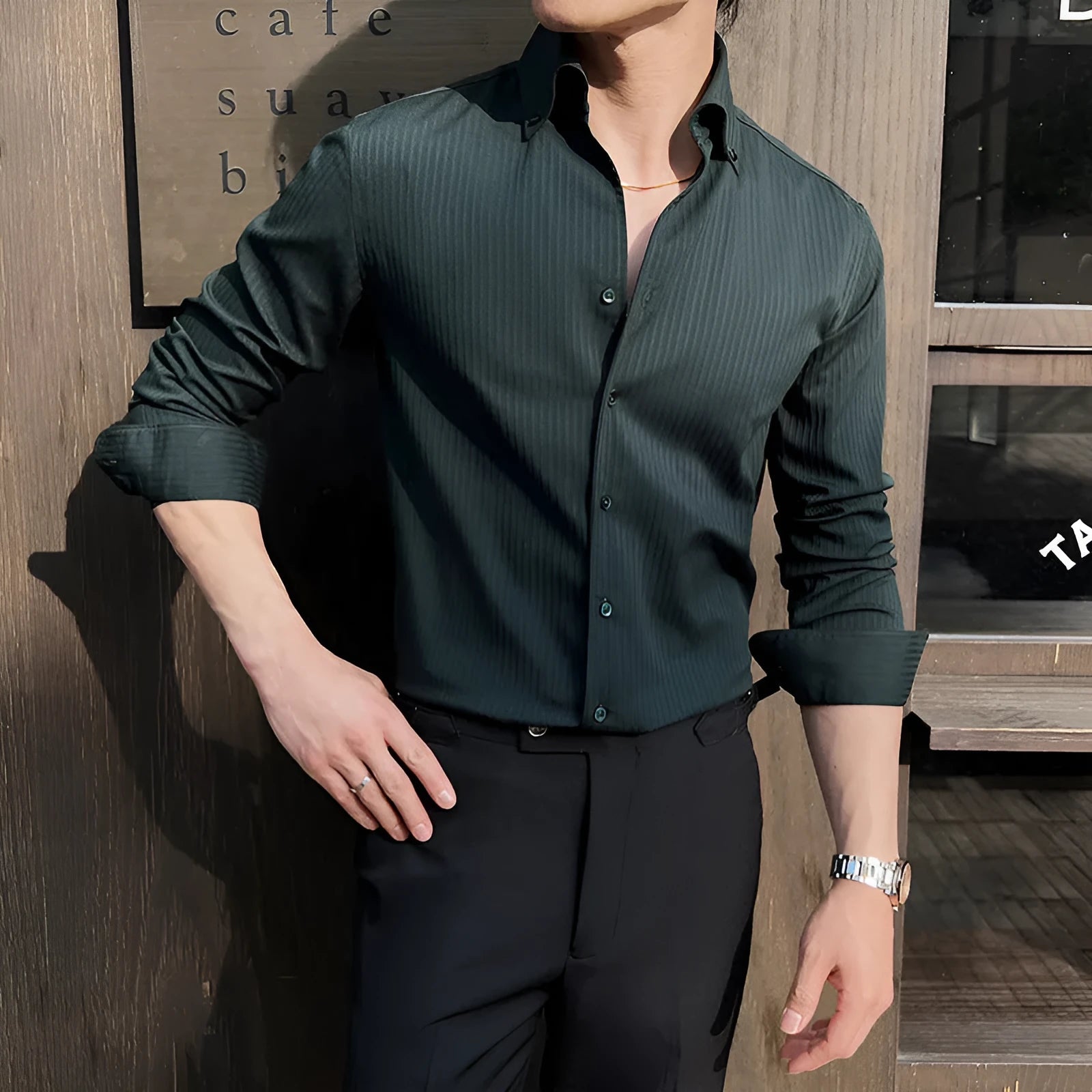 Men's dark striped V-neck long sleeve shirt in polyester blend fabric for spring and autumn wear