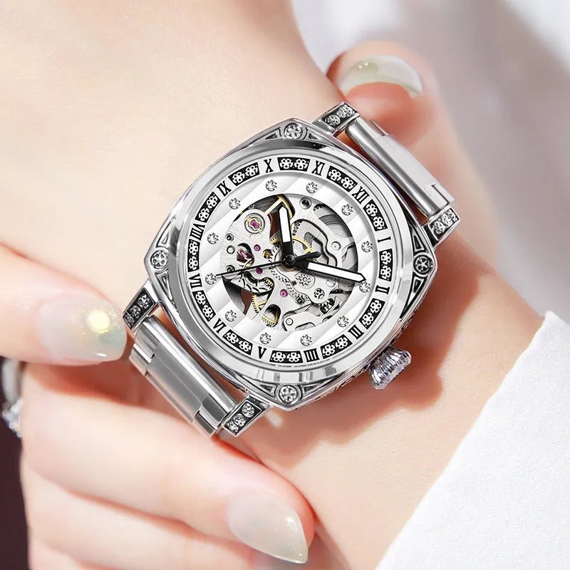 Mechanical wrist watch with luminous hands and leather strap in multiple colour options