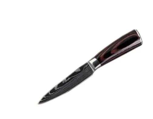 7Cr17 stainless steel chef knife with 18cm blade, laser Damascus pattern, and coloured wood handle
