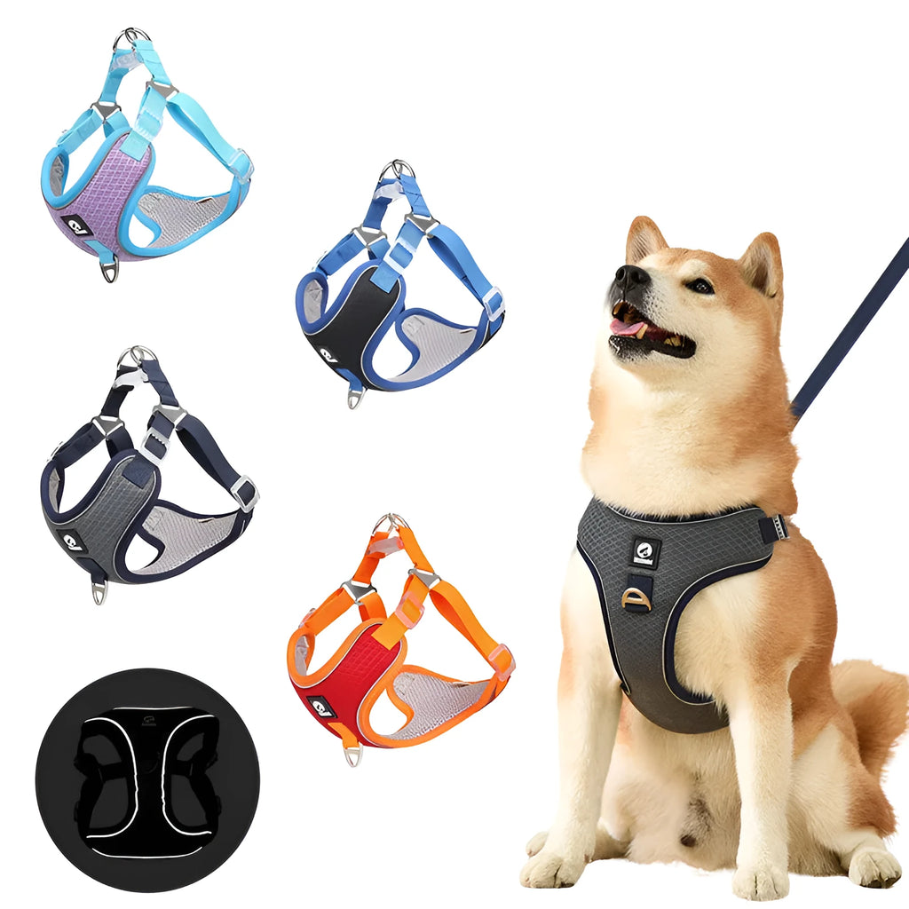 Adjustable breathable mesh dog harness with reflective strips in multiple colour options
