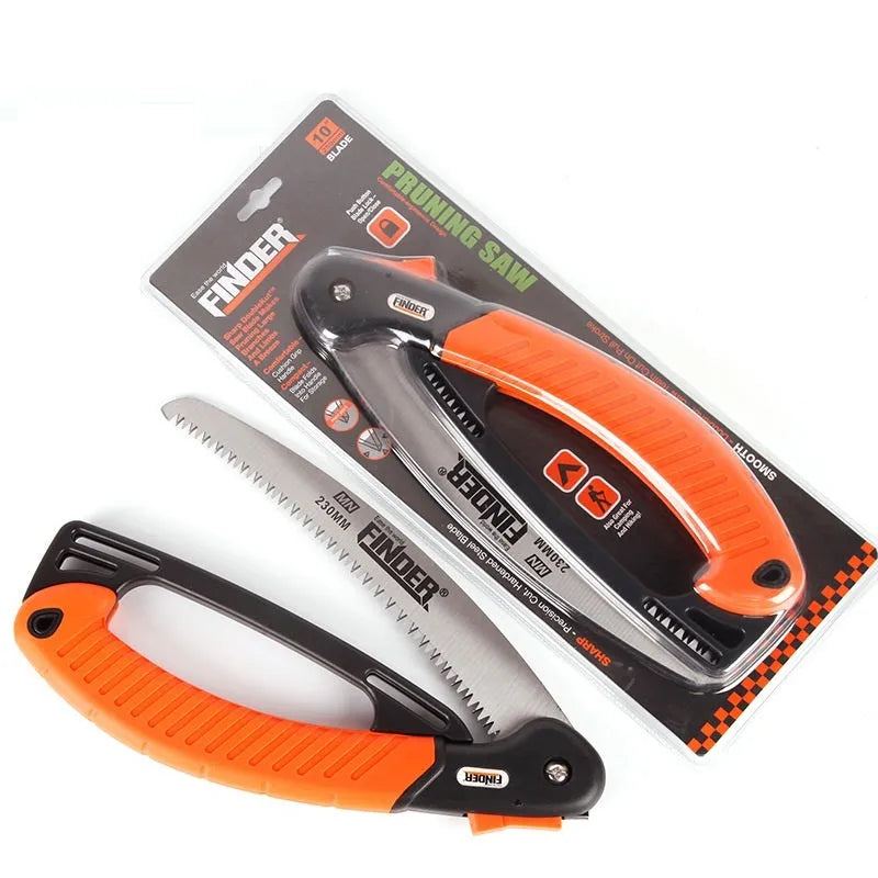 230mm folding pruning saw with TPR handle extended for cutting, showing 65MN steel blade with 32 teeth