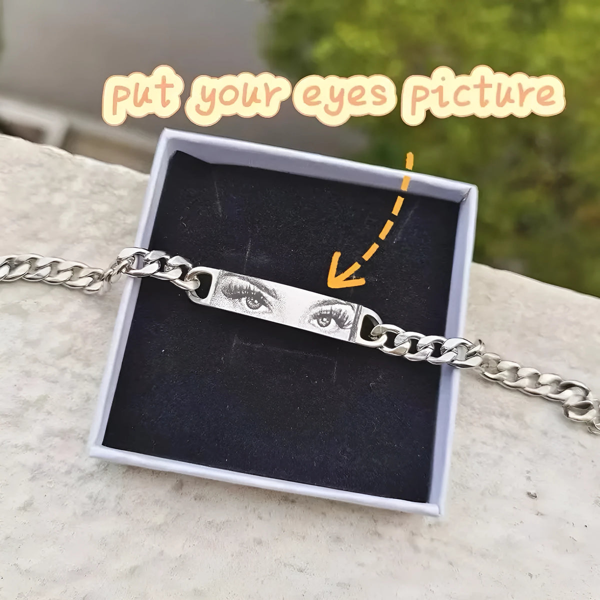 Personalised laser engraved human eye portrait on a stainless steel bracelet in a gold finish, geometric design