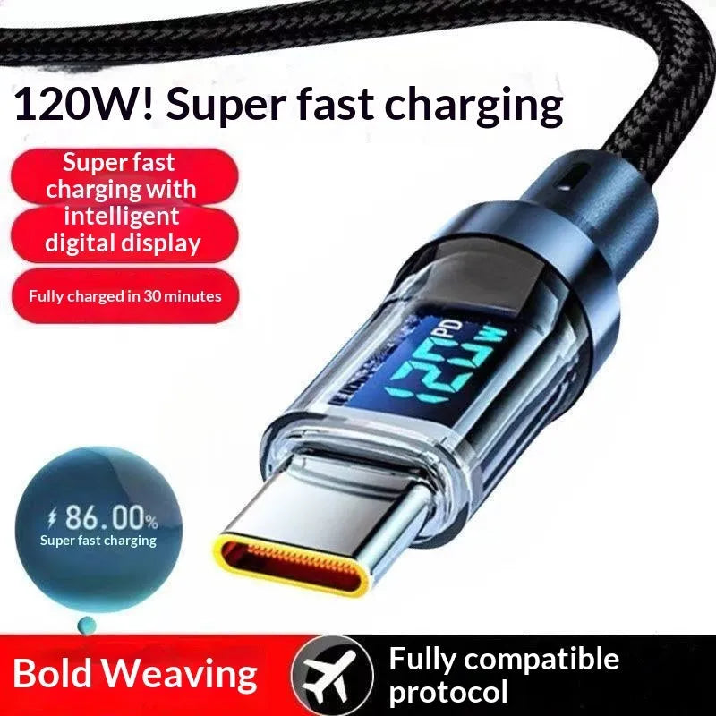 Black braided nylon Type-C cable with digital display showing charging wattage