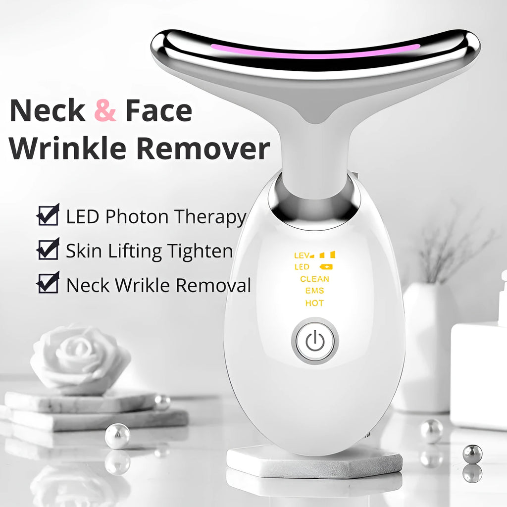 Compact white EMS thermal neck lifting massager device with LED lights for home skin care and wrinkle reduction.