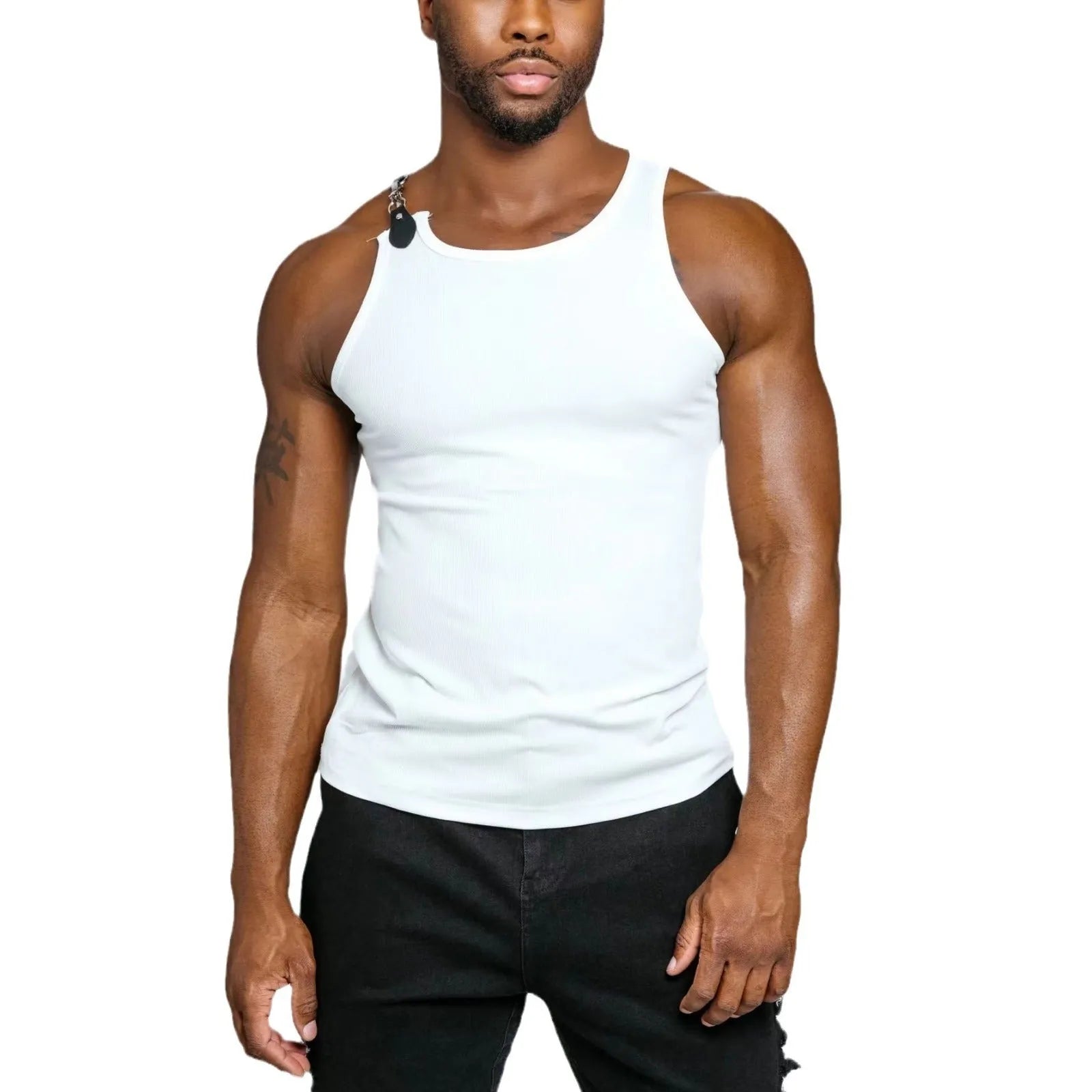 Close-up of a sleeveless tight-fitting vest in black cotton-blend polyester fabric.