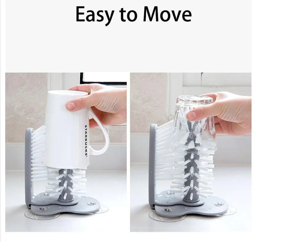 Grey rotating double-headed cup brush with suction cups for wall attachment