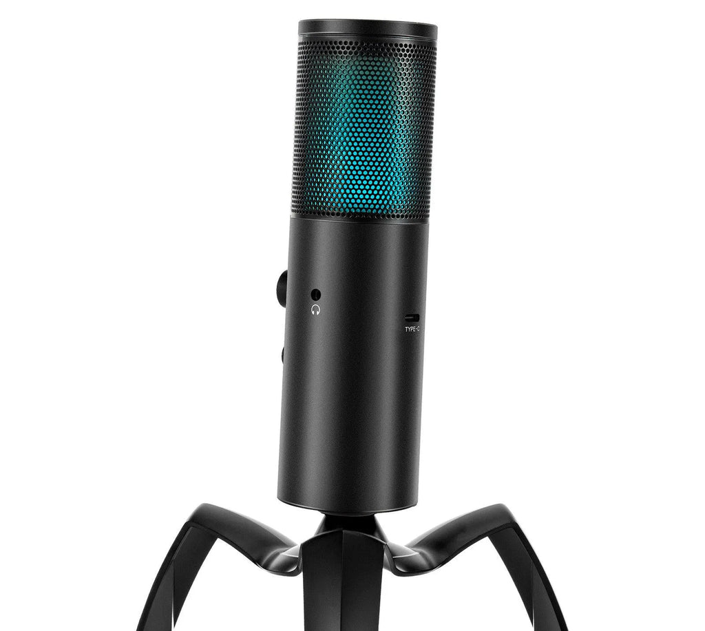 Black Q18 USB condenser microphone with RGB lights on an adjustable metal tripod stand.