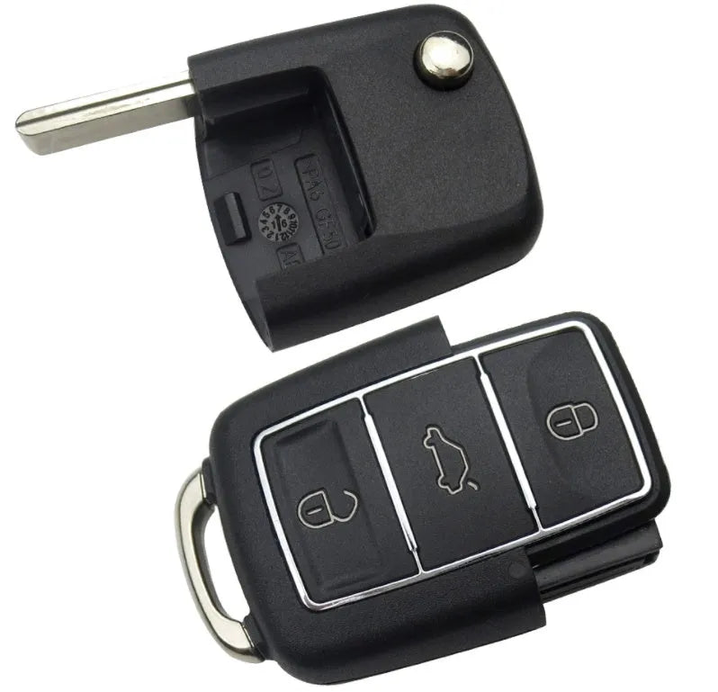 Volkswagen B5 folding key shell in black, 70mm by 35mm by 16mm ABS material with key blank