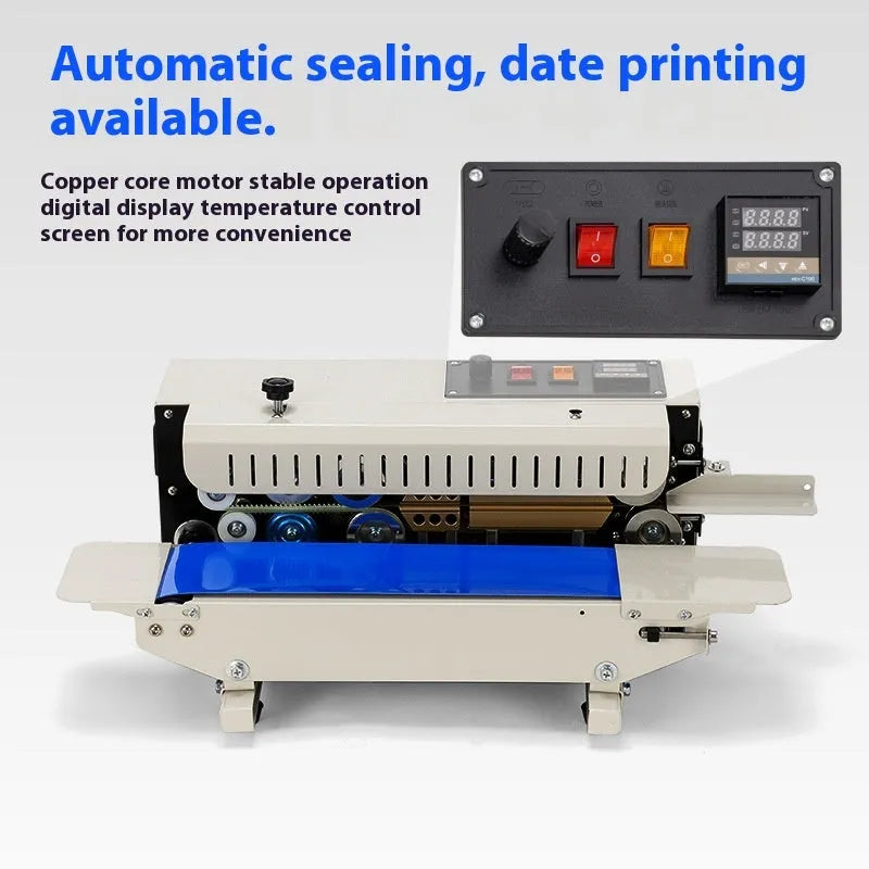 Small steel-frame manual sealing machine for pouches with integrated date printer.