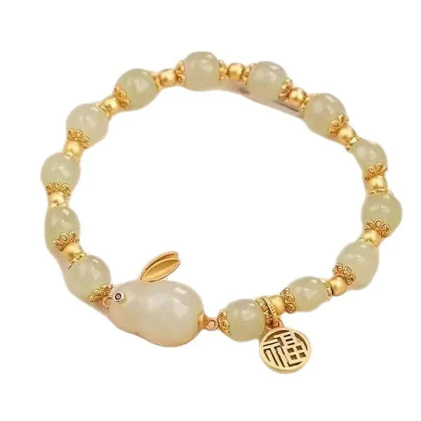 Green Lucky Bracelet for women with Jade Hare charm and Black cord