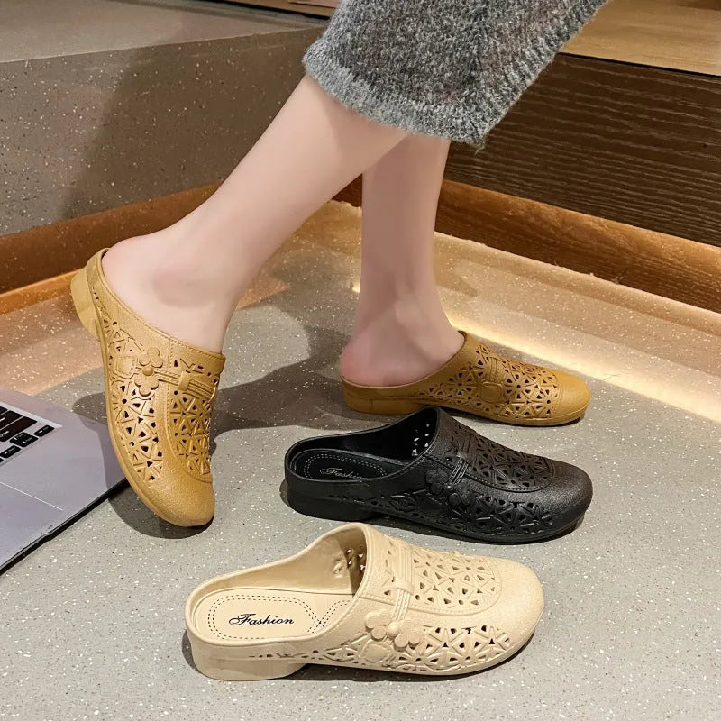 Women's apricot fairy style PVC half slippers with hollow-out design and flat toe box.