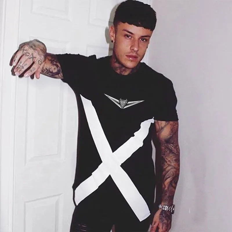 Black cotton sports t-shirt with slim fit, round collar, short sleeves and geometric print applied by hot stamping