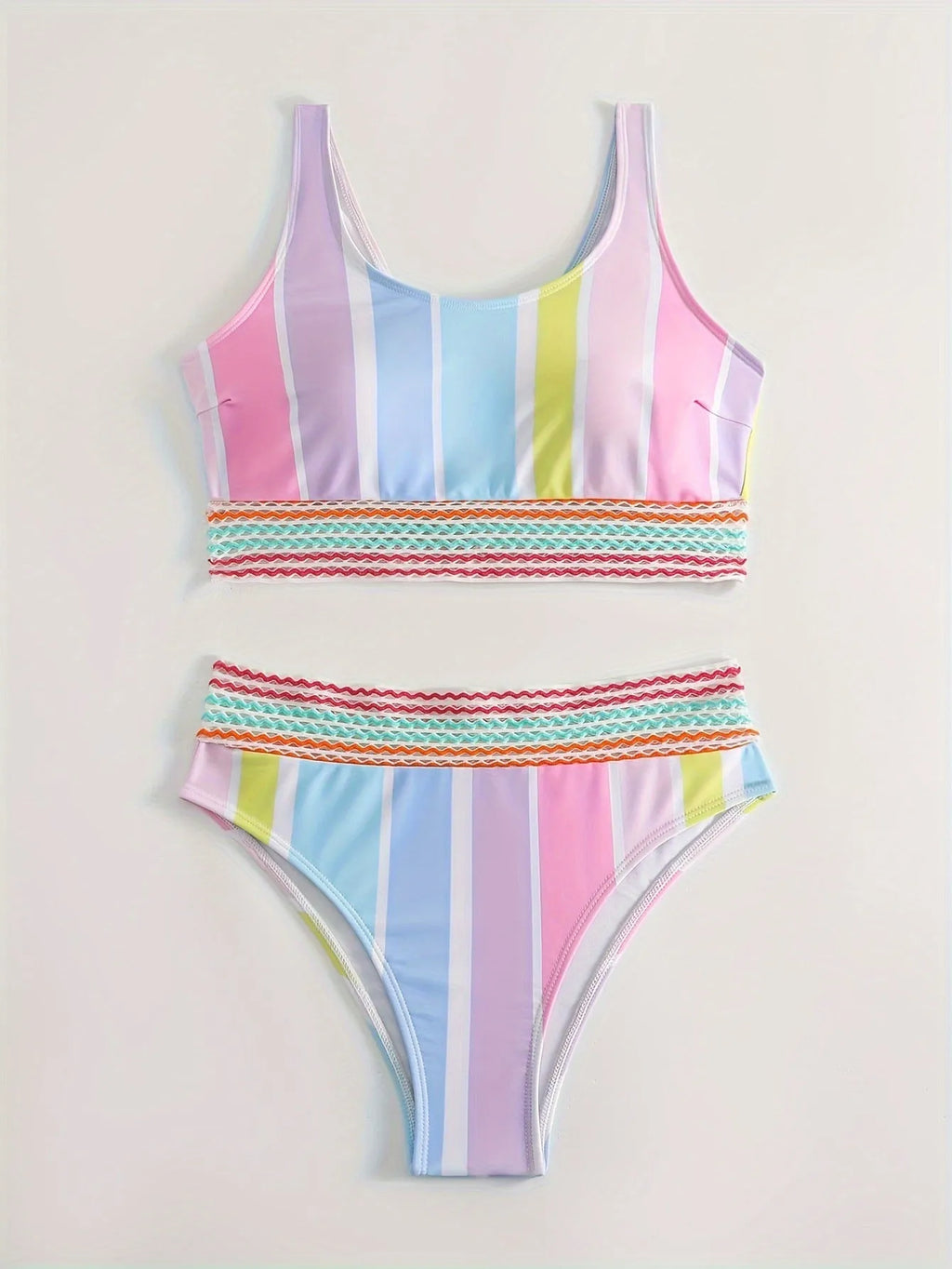 Women's striped two-piece bikini set for sports swimming, shown in picture colour.