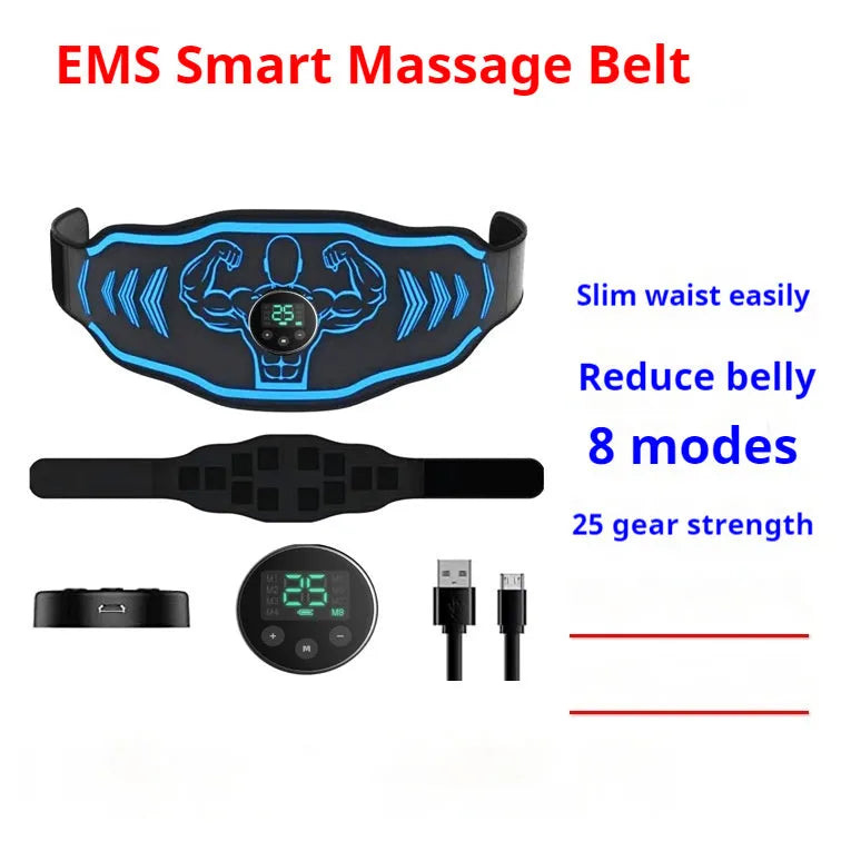Smart massage belt with EMS technology showing blue and orange colour options