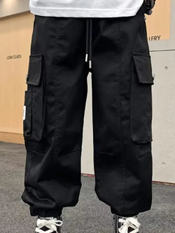 Men's loose straight-leg ankle-banded polyester trousers in black with letter print