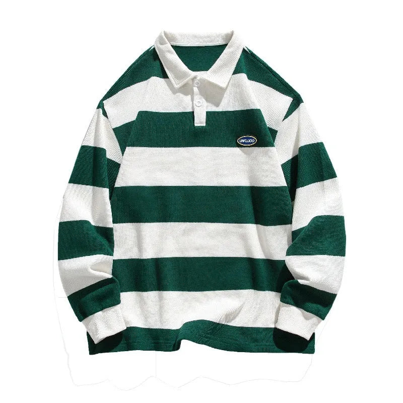 Men's striped pearl cotton polo shirt with lapel collar in Hong Kong style