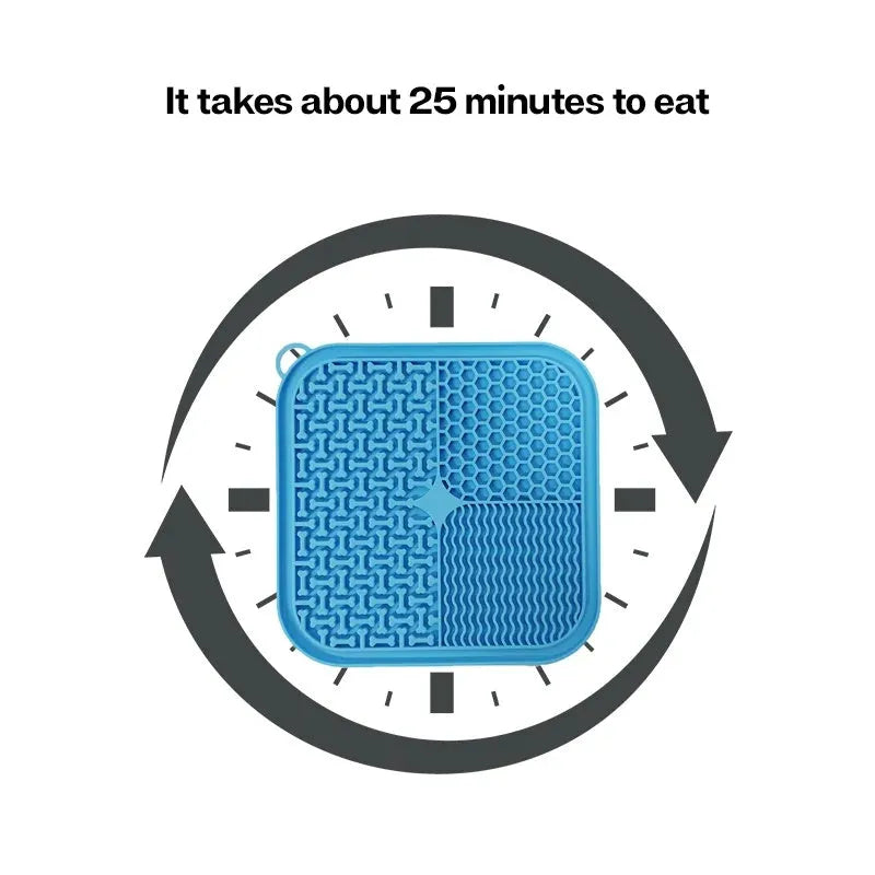 Blue silicone dog lick mat with suction cups on back, textured surface for slow feeding