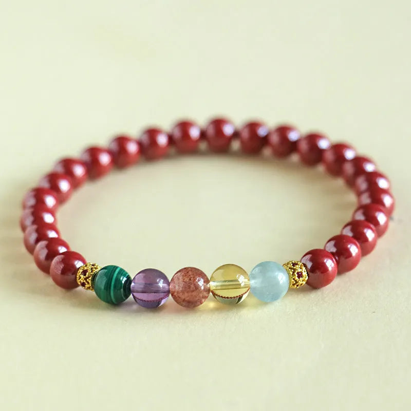 Purple gold cinnabar crystal string bracelet in couple style with handcrafted beads