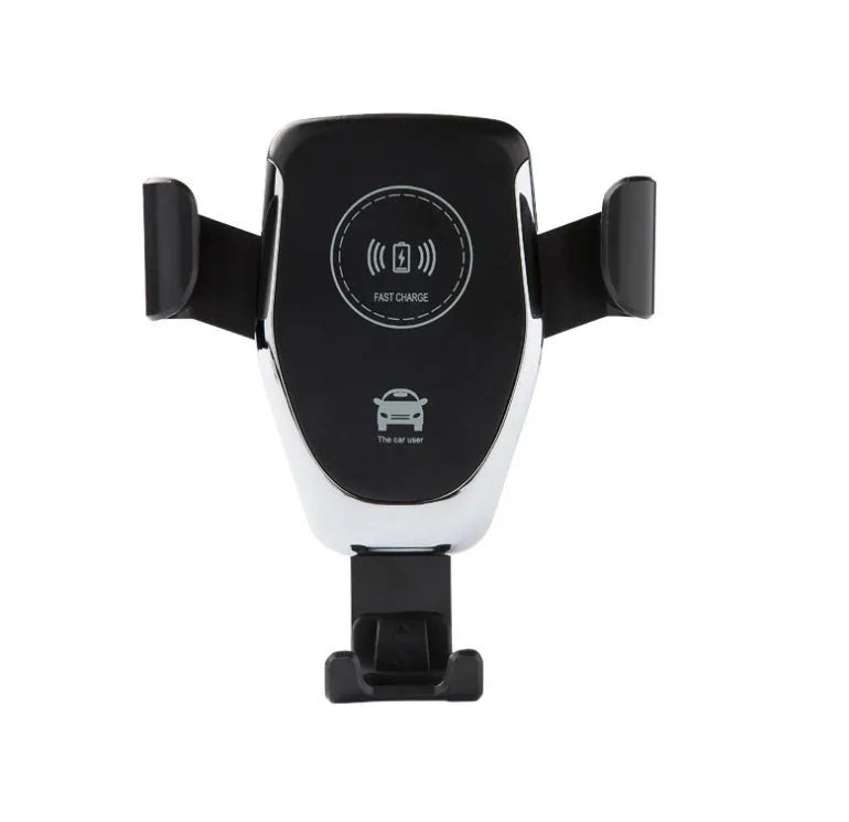Black car wireless charger mounted on vent automatically clamping iPhone with 18W fast charging