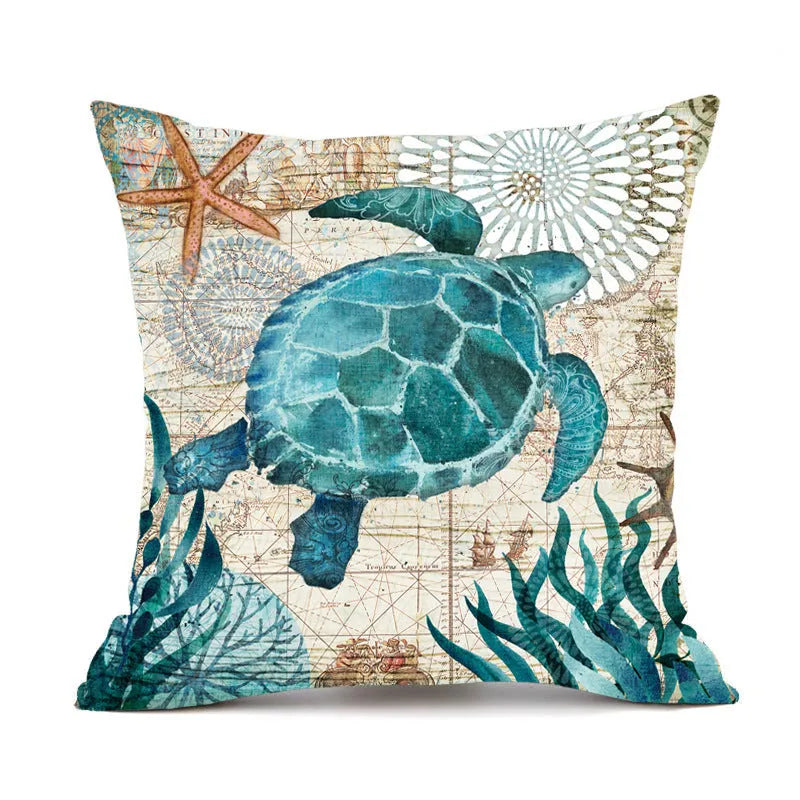 45cm square linen cushion cover with sea turtle pattern and invisible zipper