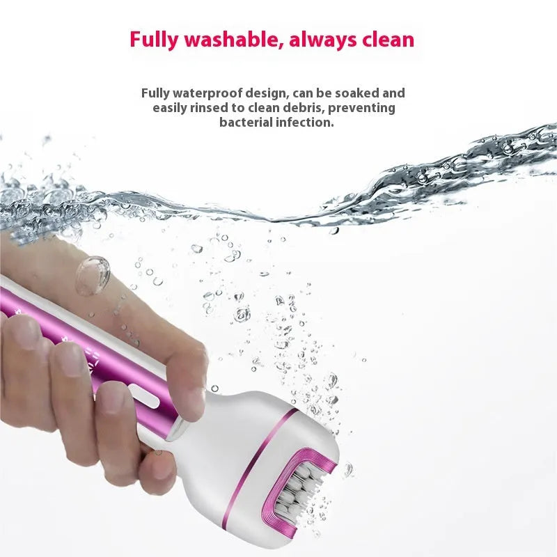 Pink three-in-one ladies electric depilator and lady shaver with USB charging, ABS body, and foot grinder attachment