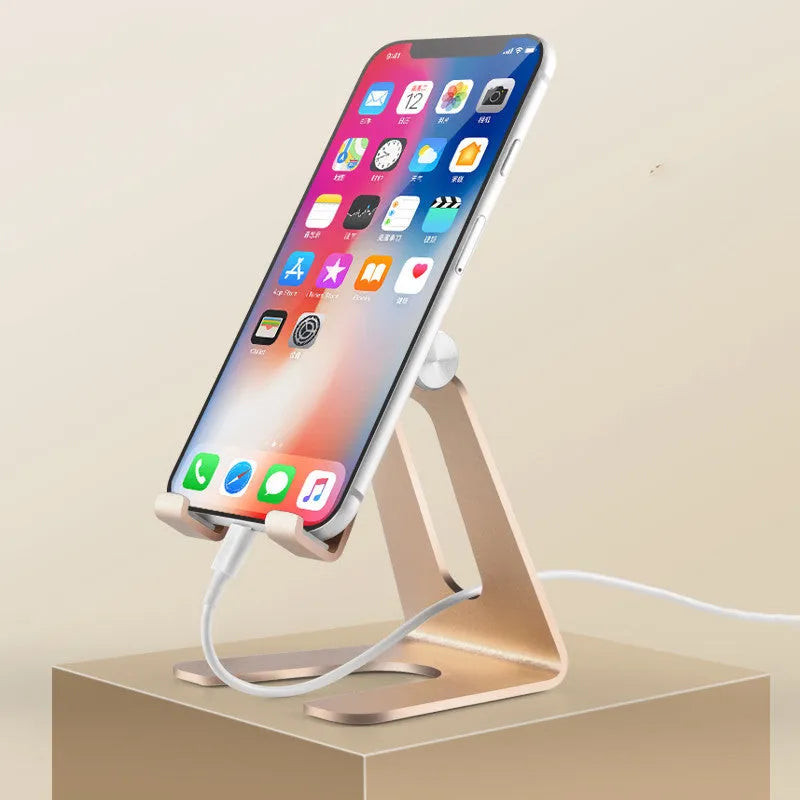 Metal folding mobile phone stand in aluminium alloy with silicone pads, 78x75x90mm, rose gold colour
