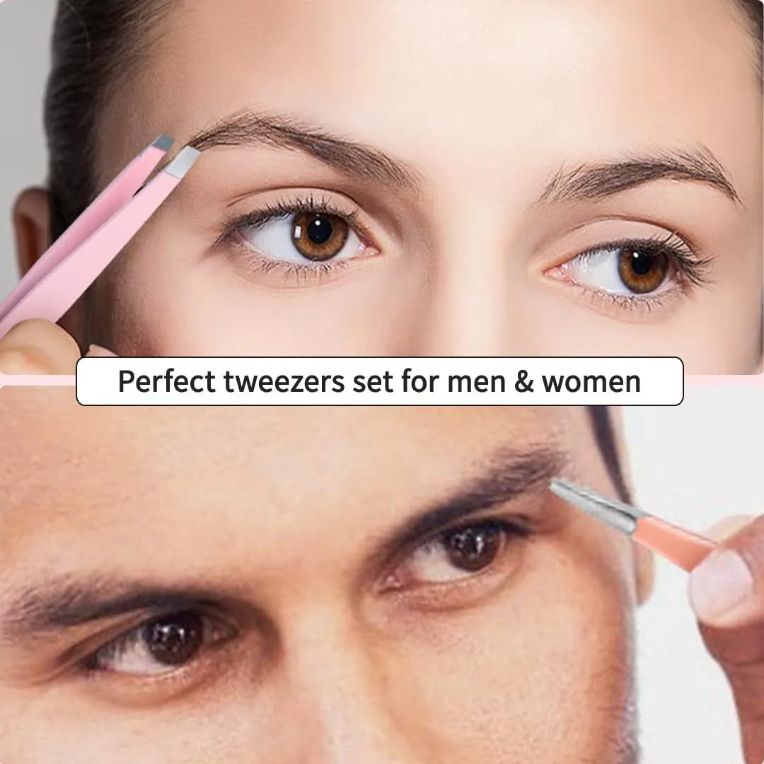 Professional 6-piece eyebrow tweezers set with stainless steel tools in leather protective case