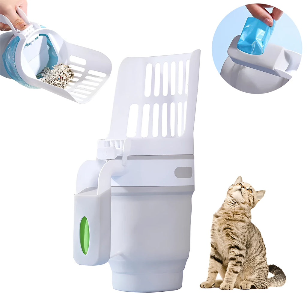 Grey cat litter scoop with attached waste bin and foldable bottom, shown with refill bags.