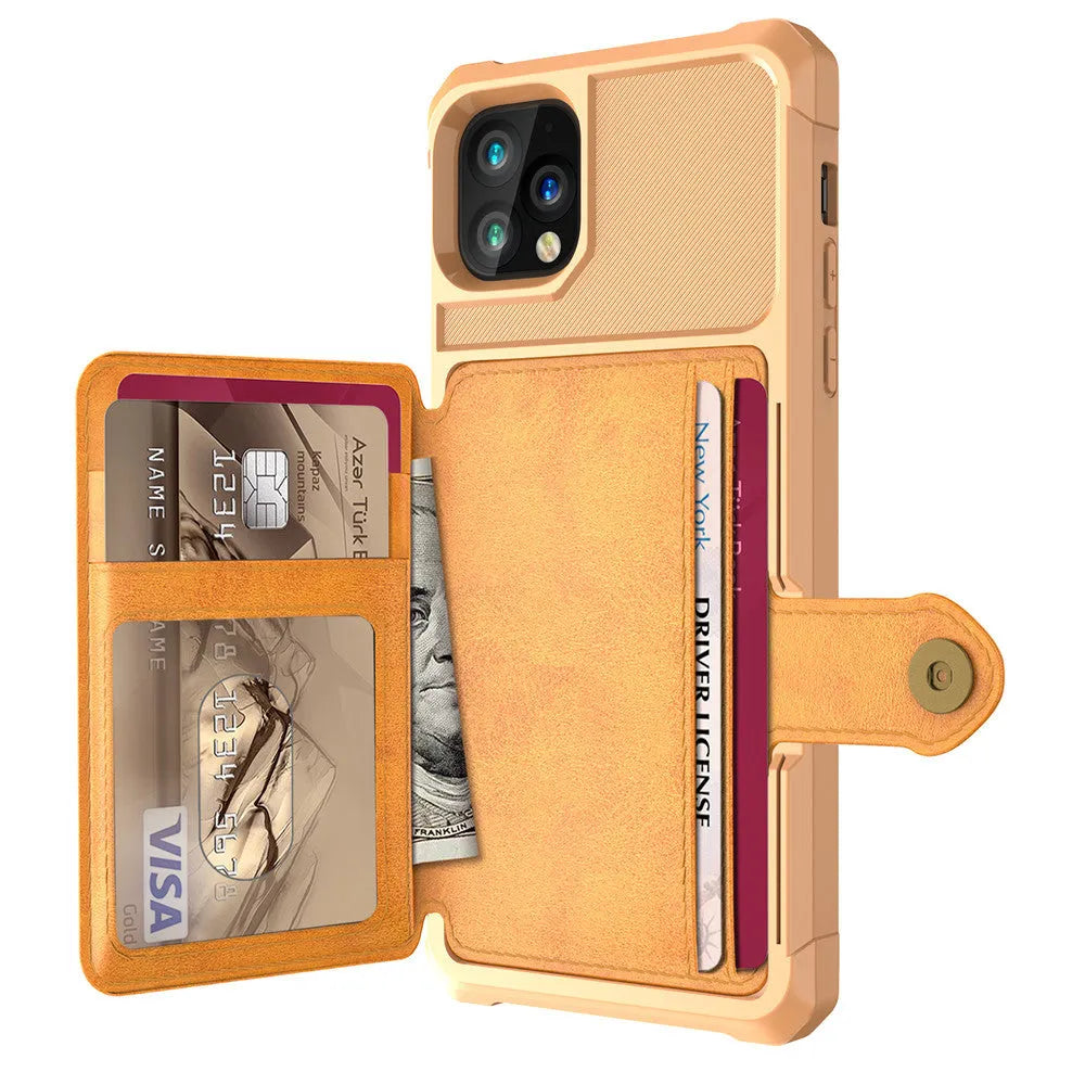 Imitation leather iPhone case with built-in card slot in black, shown next to a credit card.