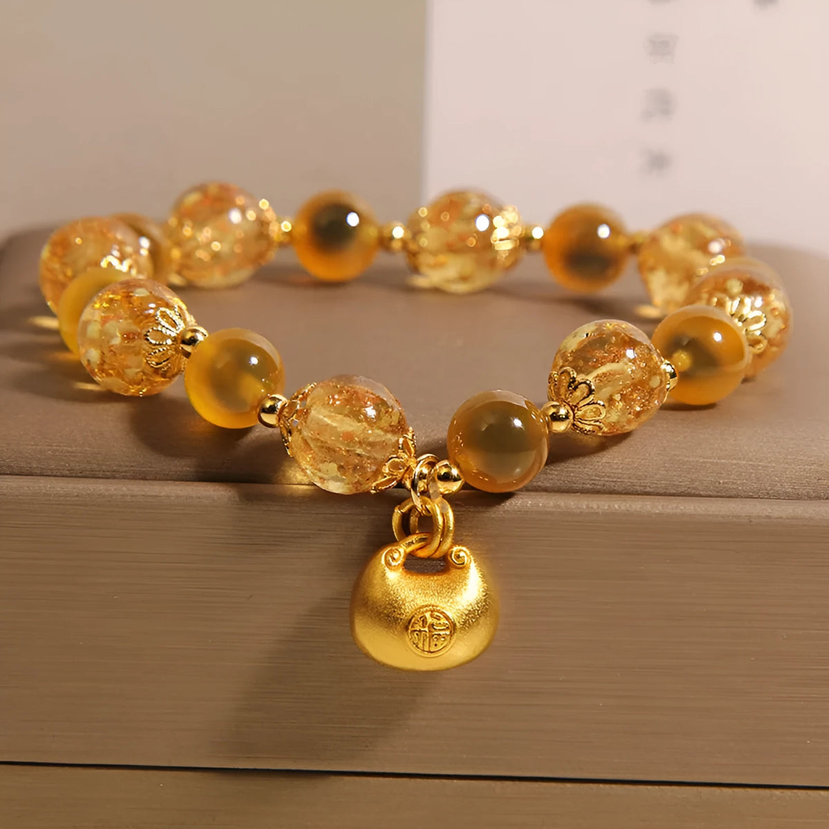 Yellow sugar heart agate crystal bracelet for women with luminous coloured glaze lucky bag charm