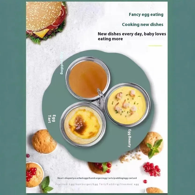 Stainless steel mini egg cooker with a heart-shaped mould and a round mould for steaming eggs.