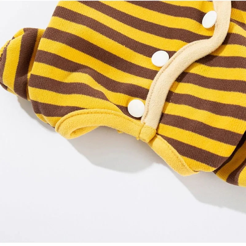 Yellow bee-patterned dog pajamas on small dog, four-legged full coverage suit with lapel collar