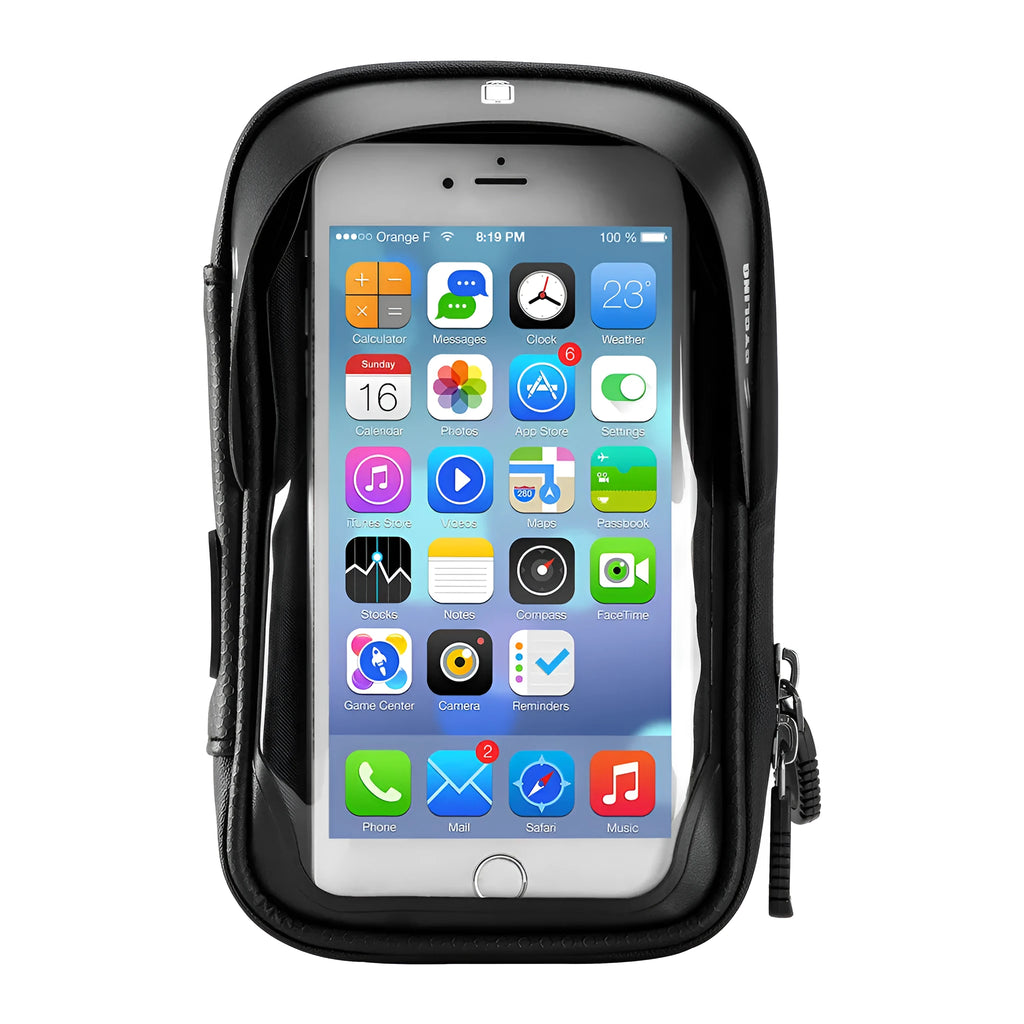 Black bicycle handlebar bag with transparent touch screen phone mount and rotating base mounted on a bike