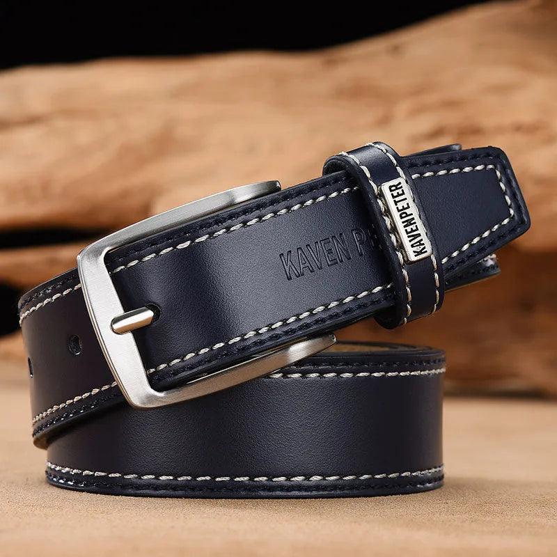 Men's genuine leather cowhide belt with alloy pin buckle, 2-4cm width, available in four colours and four lengths
