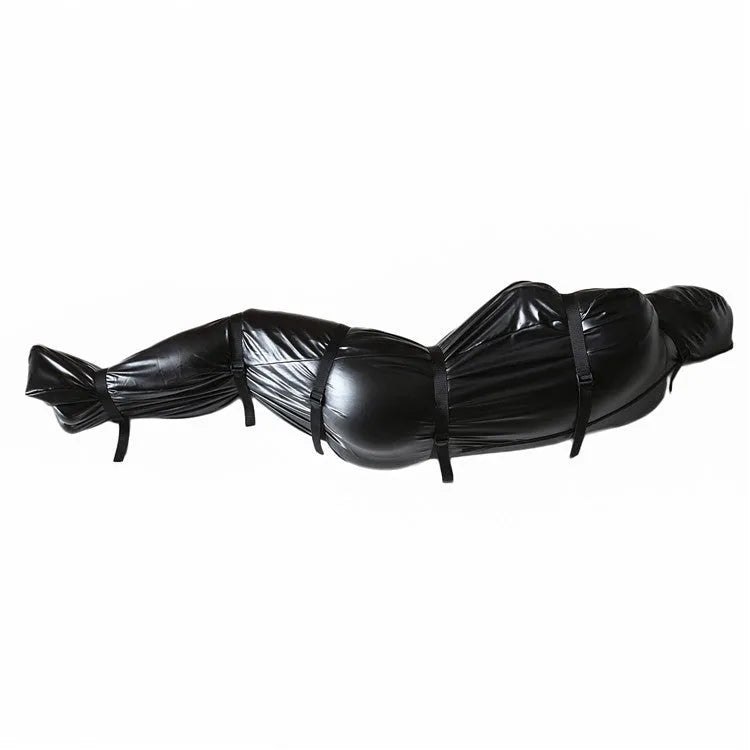 Black patent leather L size BDSM restraint kit with six ratchet straps and face piece