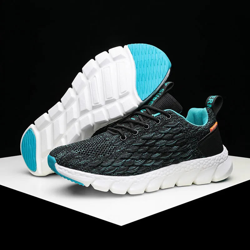 Men's casual sports flying knit single shoe in blue, black, grey or black and white, sizes 39-44