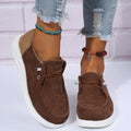 Women's flat shoes with breathable cloth upper, elastic band, low 1-3cm heel, round toe, in black brown or beige.