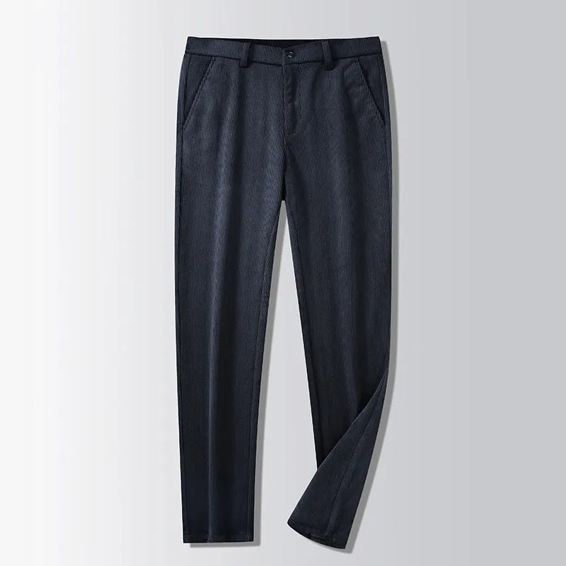 Men's British retro-style long straight striped pants in a chemical fibre blend, shown with a zip fly.