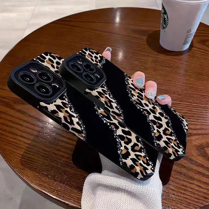 Black stitching leopard print imitation leather drop-resistant phone case for Apple iPhone models
