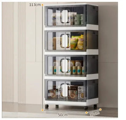 Foldable white household storage locker with wheels and multiple shelves