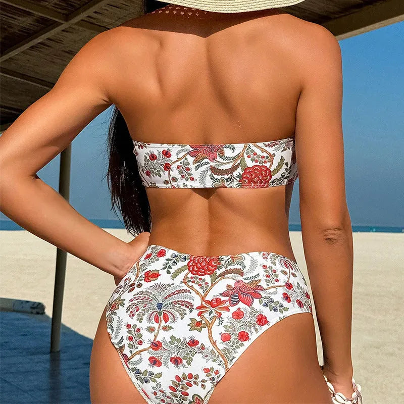 Women's printed bandeau swimsuit with triangle top and matching shorts for beach use