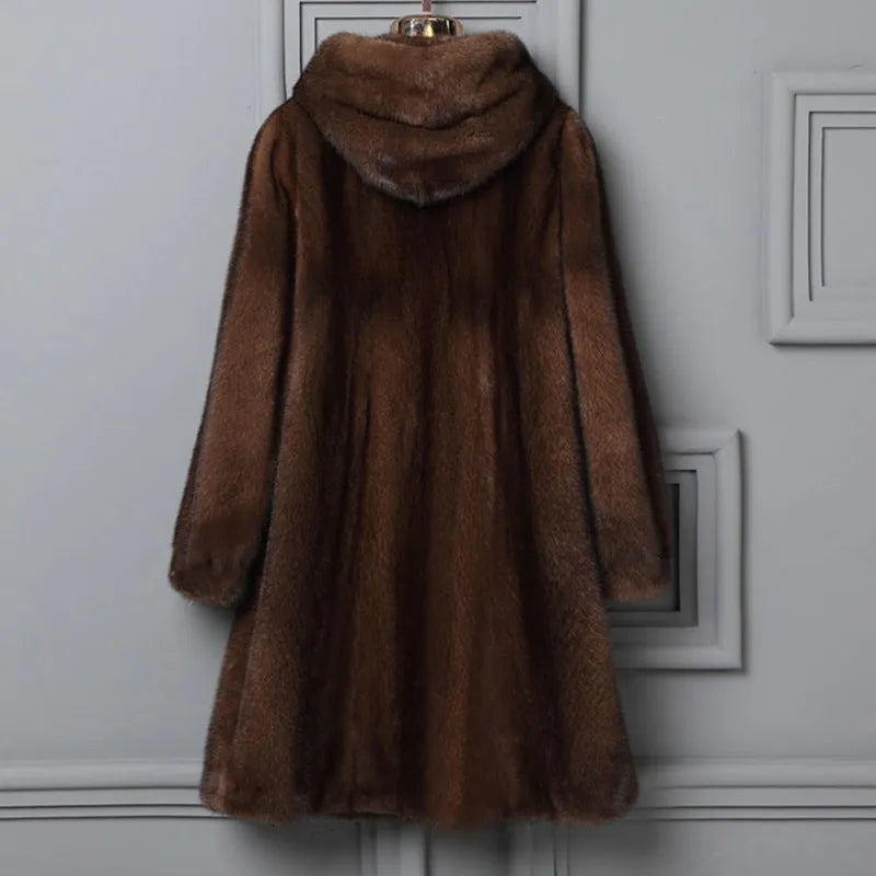 Women's black artificial fur hooded winter coat with street fashion styling
