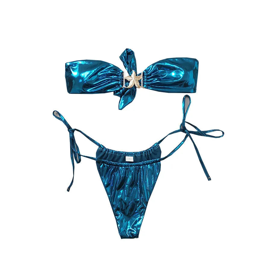 Women's glossy sapphire blue tube top bikini with starfish detail and long sleeves.